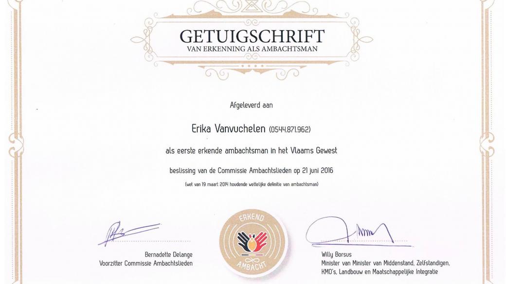 Certificaat eerste Erkend Ambacht Vlaams Gewest
