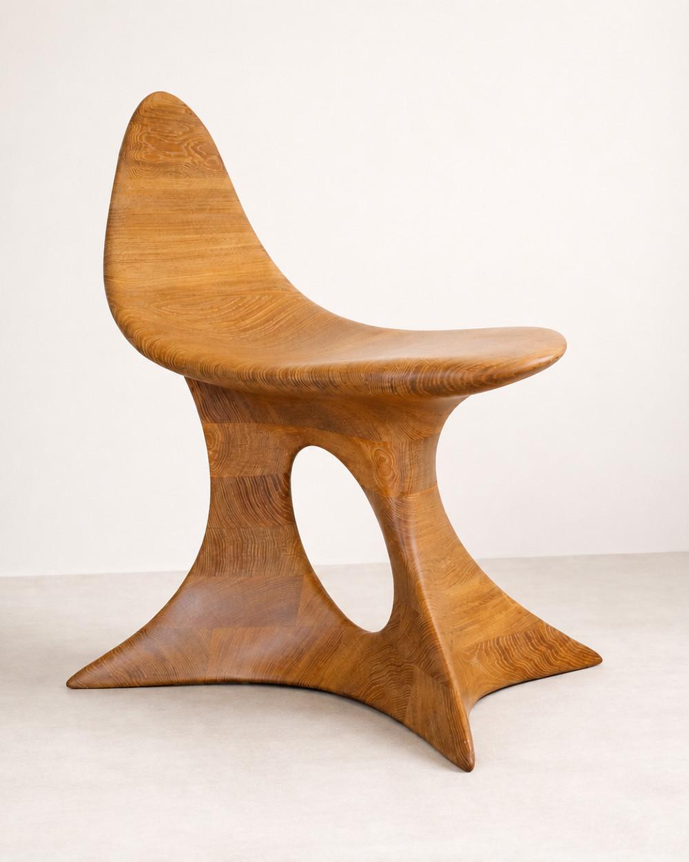 Aphrodite Gen. II by NEXART — A sculptural wooden chair combining a curved seat with an expressive, open base