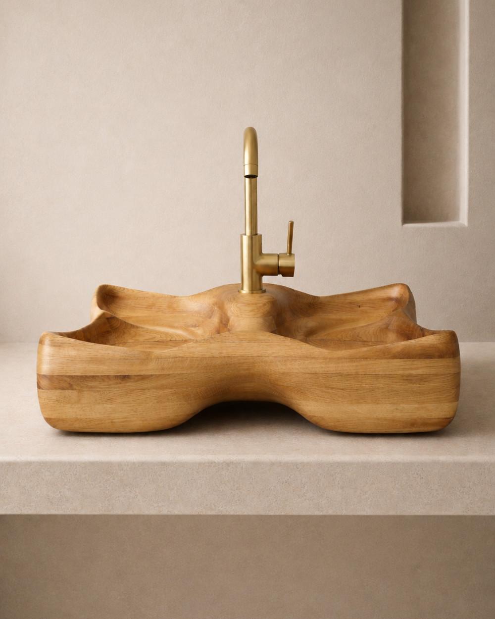 Diana by NEXART — A sculptural wooden washbasin with flowing contours and a distinctive double-bowl form