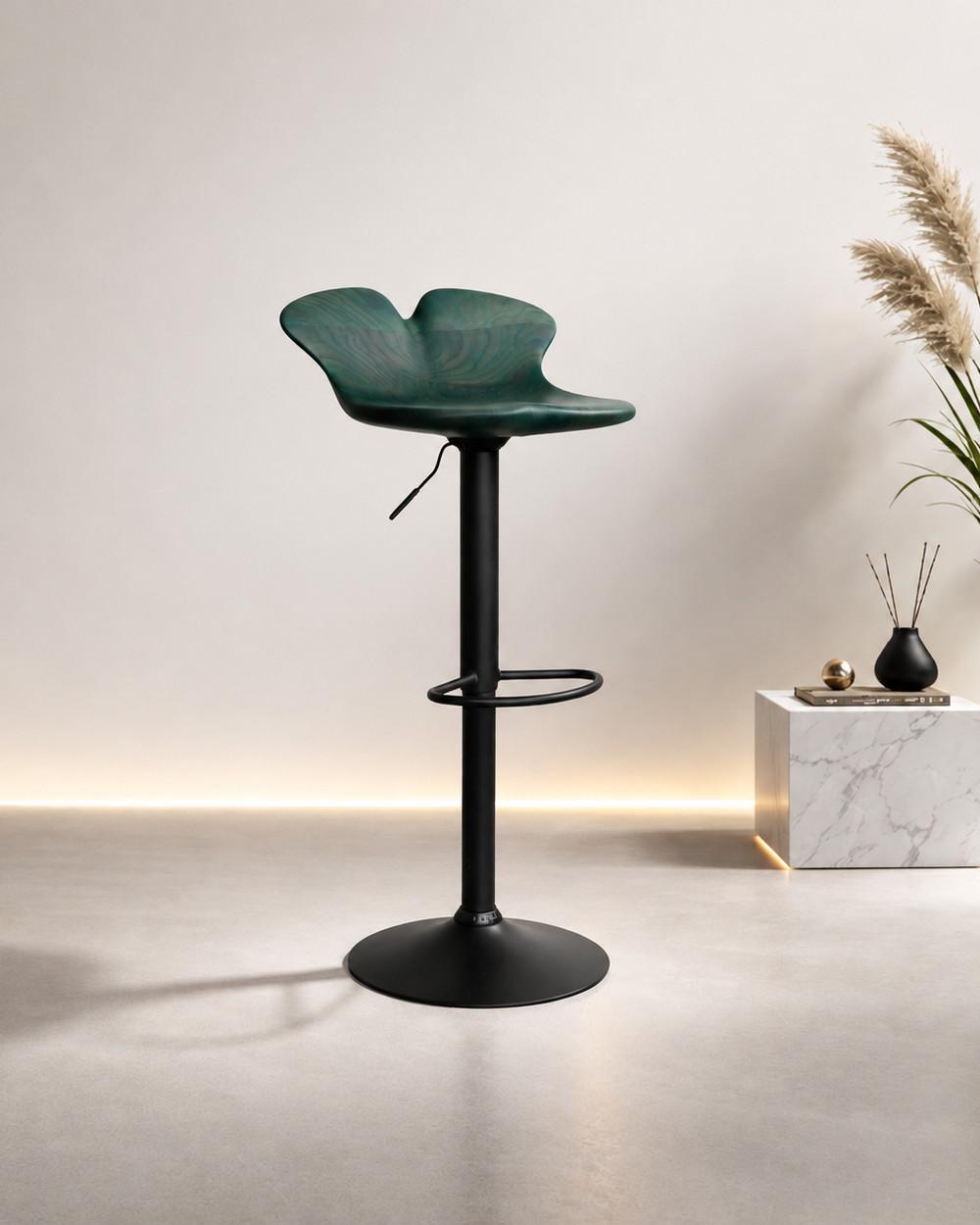 Elysia by NEXART — A sculptural bar stool with a shaped wooden seat and a slender pedestal base
