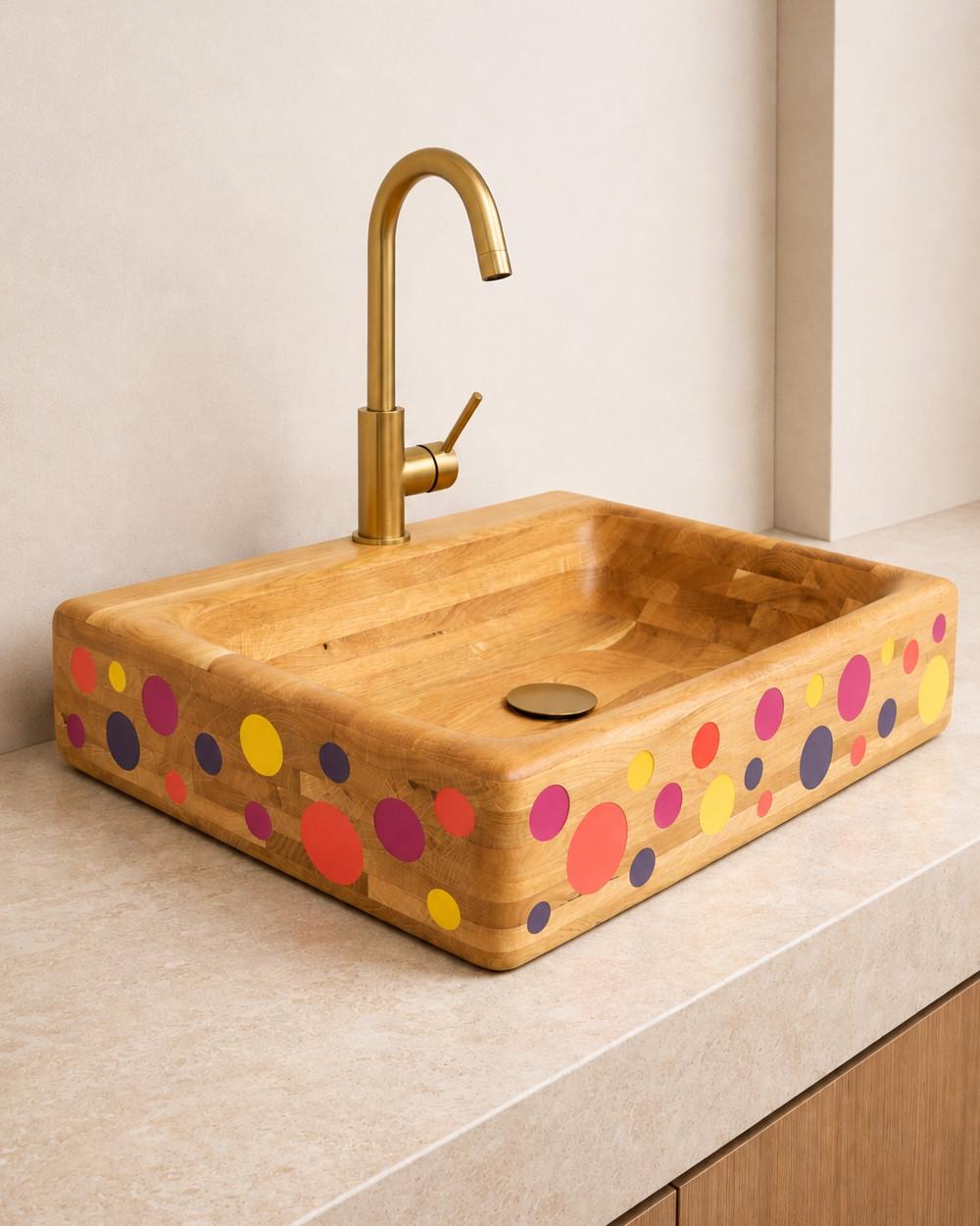 Flora by NEXART — A wooden washbasin with a rectangular form and colourful circular accents