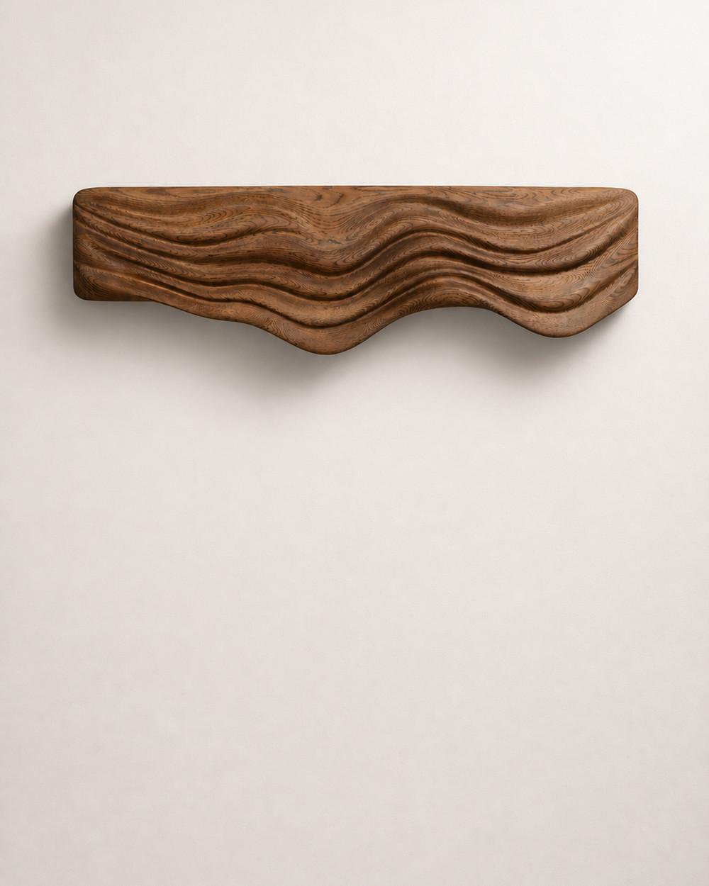 Poseidon by NEXART — A sculptural wooden wall piece with flowing wave-like relief and a strong horizontal presence
