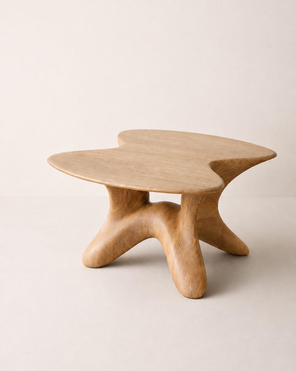 Selene by NEXART — A sculptural wooden coffee table with an organic top and softly curved legs