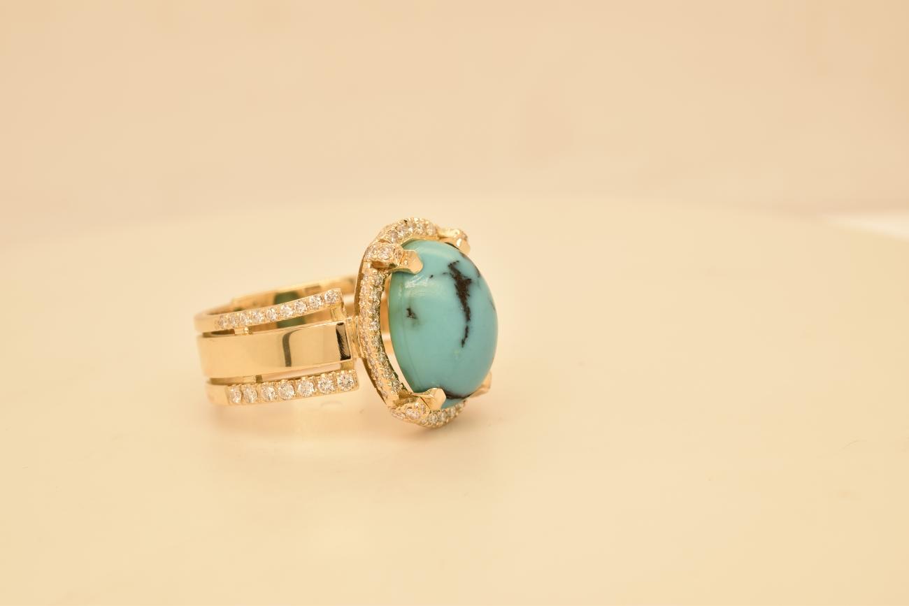 Geel gouden ring op aanvraag met Turkoois en natuurlijke diamanten