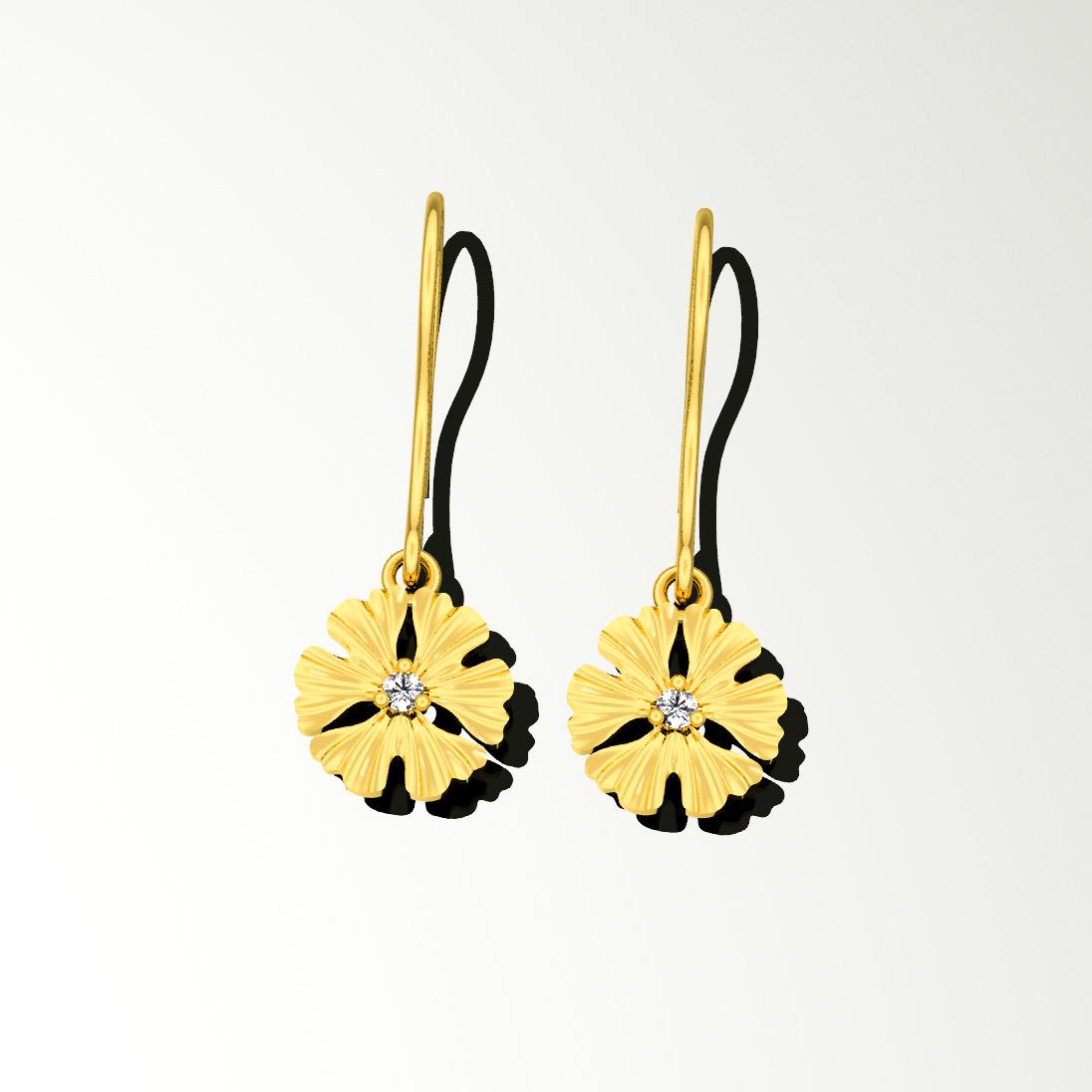 Deze oorbelletjes werden ontworpen om samen te dragen met de Ginkgo Hanger. De half bengelende belletjes zijn opgebouwd uit 3 ginkgo blaadjes die aan elkaar zitten door de zetting van een diamantje Geel Goud – Diamant 2 x 3pt.
