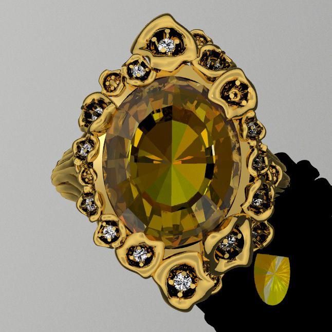 Deze klant had maar 1 wens, ze wou een ring met Barok allures. Ze bezorgde ons een grote, ovale citrien en enkele diamanten die in het ontwerp een mooie plekje moesten krijgen. De citrien staat centraal in de ring en is omgeven met van kleiner naar groter wordende bloemen waarvan een deel gezet is met de witte diamantjes. De grootste bloemen staan op de uiterste punten van de ovale citrien en creëren een ellipsvormig geheel. De onderring is opgebouwd uit de stengels van de bloemen die in een draaibeweging