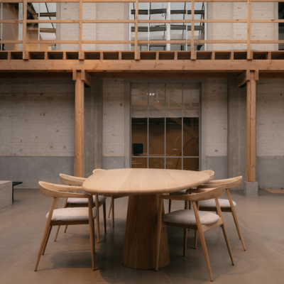 Tafel massief eik met organische tafelblad. Onderstel kegelvormig. Rond de tafel staan houten stoelen. foto genomen in industrieel kader