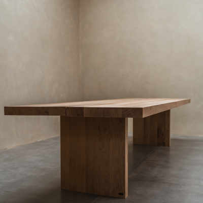 Massief eiken eettafel met dik tafelblad en stevige eiken tafelpoten. Hoogwaardige afwerking, tijdloos design. Foto genomen in fotostudio