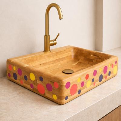 Flora by NEXART — A wooden washbasin with a rectangular form and colourful circular accents