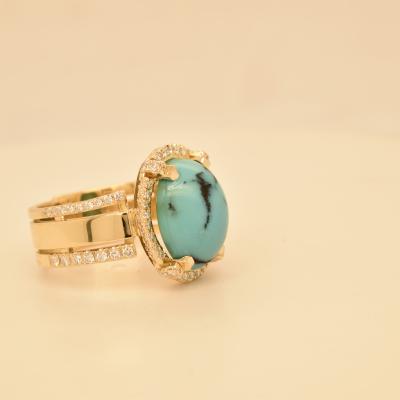 Geel gouden ring op aanvraag met Turkoois en natuurlijke diamanten