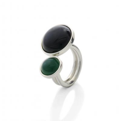 Zilveren ring met Onyx en Jade