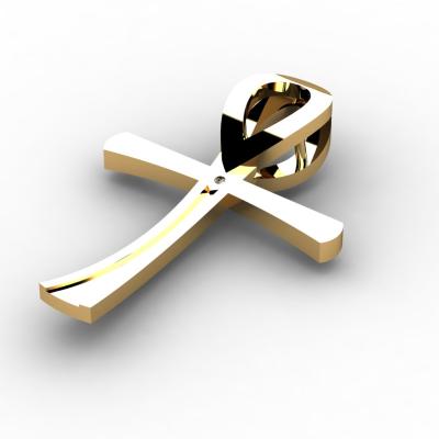 Nieuwe episode – Nieuw symbool Na vele jaren van liefdes maar ook van verdriet werd het Egyptische Anch-teken, het symbool voor “levensadem” belangrijk in di nieuwe episode van haar leven. Het ontwerp werd gemaakt het oud goud van onze klant. Het Anch-teken heeft een vloeiende vormgeving en een sierlijke golvende beweging. Het kleine diamantje schittert pal in het midden. Geel Goud – Diamant