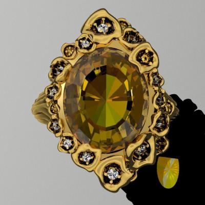 Deze klant had maar 1 wens, ze wou een ring met Barok allures.  Ze bezorgde ons een grote, ovale citrien en enkele diamanten die in het ontwerp een mooie plekje moesten krijgen. De citrien staat centraal in de ring en is omgeven met van kleiner naar groter wordende bloemen waarvan een deel gezet is met de witte diamantjes. De grootste bloemen staan op de uiterste punten van de ovale citrien en creëren een ellipsvormig geheel.  De onderring is opgebouwd uit de stengels van de bloemen die in een draaibeweging