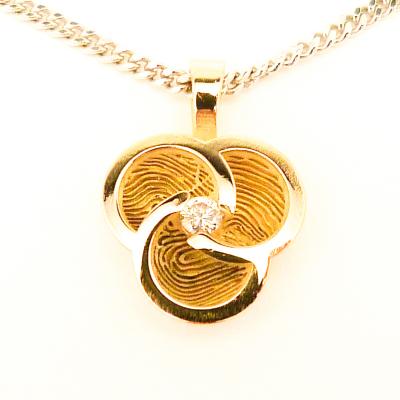 Drie even grote ronde schaaltjes draaien rond een diamant. Elk van de schaaltjes bevat de vingerafdruk van één van de kinderen. De schaaltjes zijn onderling verbonden naar het symbool uit de Heilige Geometrie, de Vesica Piscis. De Vesica piscis bestaat normaal uit 2 cirkels waarvan het midden op elkaars rand ligt. In dit ontwerp werken we met hetzelfde principe maar met 3 cirkels. De Vesica Piscis staat symbool voor balans, wedergeboorte, harmonie en de eeuwigheid der dingen. Elk van deze doorsnede s